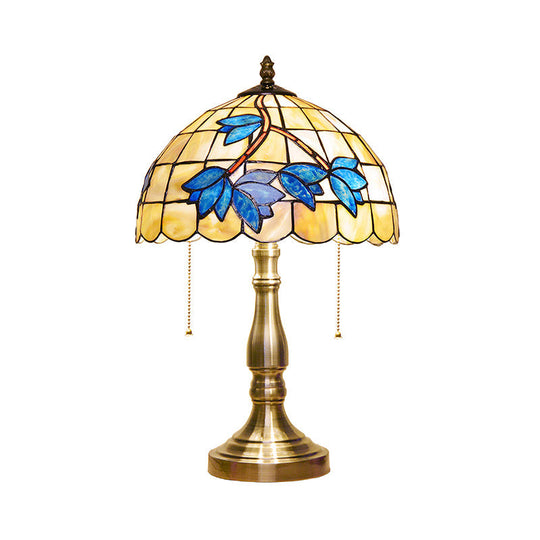 Antique Tiffany Dome Desk Light - Blue Flower/Dragonfly/Butterfly Stained Glass Table For Bedroom (2