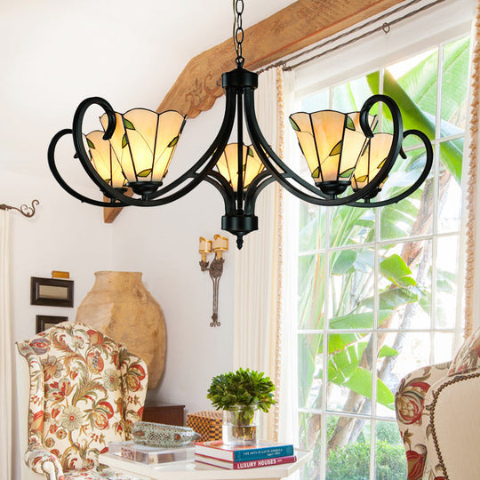 Tiffany Cone Chandelier Lamp With Stained Glass Indoor Lighting - 5/6/8 Heads Black Curved Frame