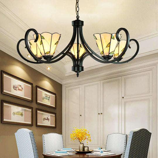 Tiffany Cone Chandelier Lamp With Stained Glass Indoor Lighting - 5/6/8 Heads Black Curved Frame