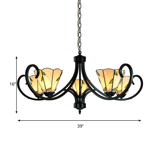 Tiffany Cone Chandelier Lamp With Stained Glass Indoor Lighting - 5/6/8 Heads Black Curved Frame