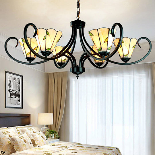 Tiffany Cone Chandelier Lamp With Stained Glass Indoor Lighting - 5/6/8 Heads Black Curved Frame