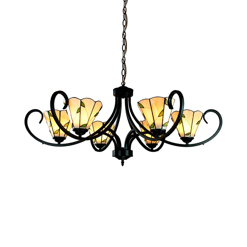 Tiffany Cone Chandelier Lamp With Stained Glass Indoor Lighting - 5/6/8 Heads Black Curved Frame