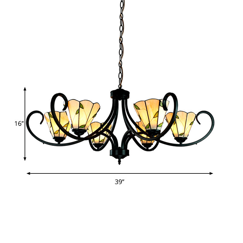 Tiffany Cone Chandelier Lamp With Stained Glass Indoor Lighting - 5/6/8 Heads Black Curved Frame