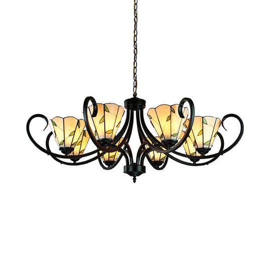 Tiffany Cone Chandelier Lamp With Stained Glass Indoor Lighting - 5/6/8 Heads Black Curved Frame