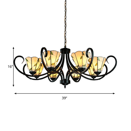 Tiffany Cone Chandelier Lamp With Stained Glass Indoor Lighting - 5/6/8 Heads Black Curved Frame