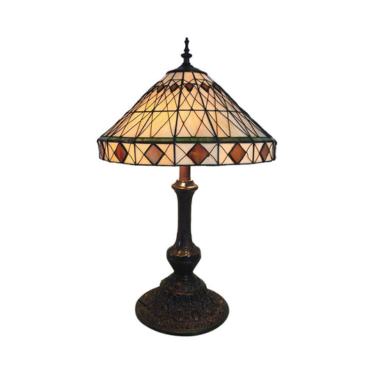 Beige Conical Desk Light: Rhombus 1 Bulb Tiffany Antique Glass Table Light For Living Room