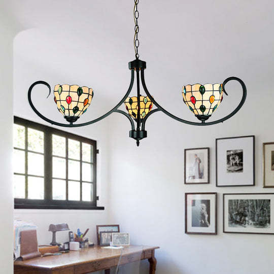 Suspended Beige Bowl Light with Colorful Bead Tiffany Stained Glass Chandelier - 3 Lights for Dining Room