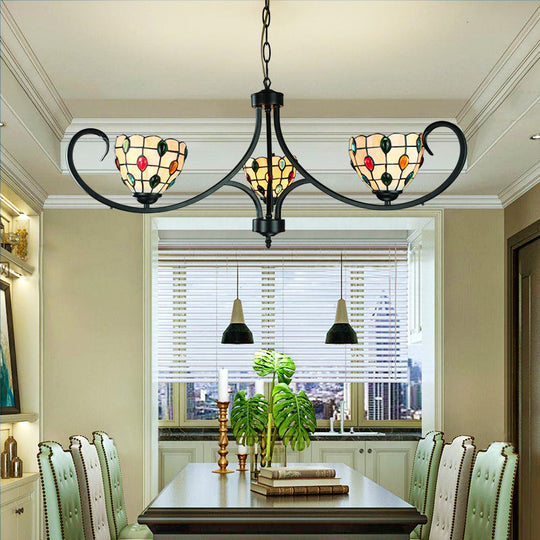 Suspended Beige Bowl Light with Colorful Bead Tiffany Stained Glass Chandelier - 3 Lights for Dining Room