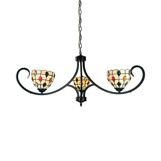 Suspended Beige Bowl Light with Colorful Bead Tiffany Stained Glass Chandelier - 3 Lights for Dining Room