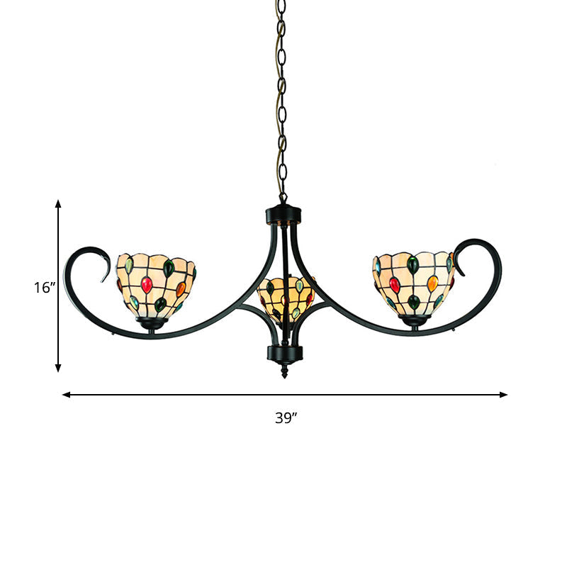 Suspended Beige Bowl With Colorful Bead Tiffany Stained Glass Chandelier - 3 Lights For Dining Room