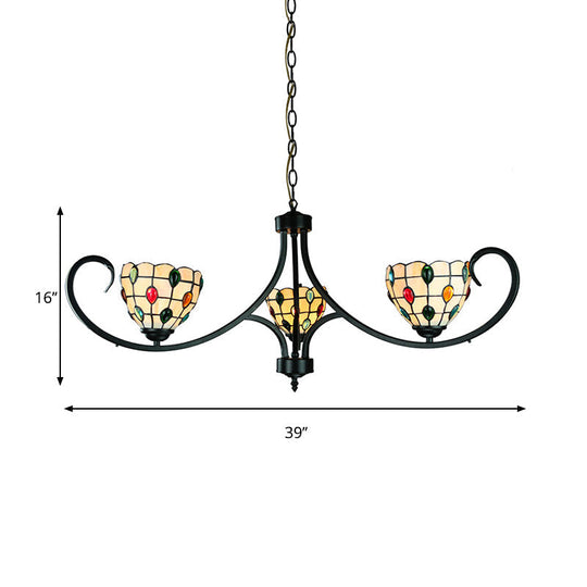 Suspended Beige Bowl With Colorful Bead Tiffany Stained Glass Chandelier - 3 Lights For Dining Room