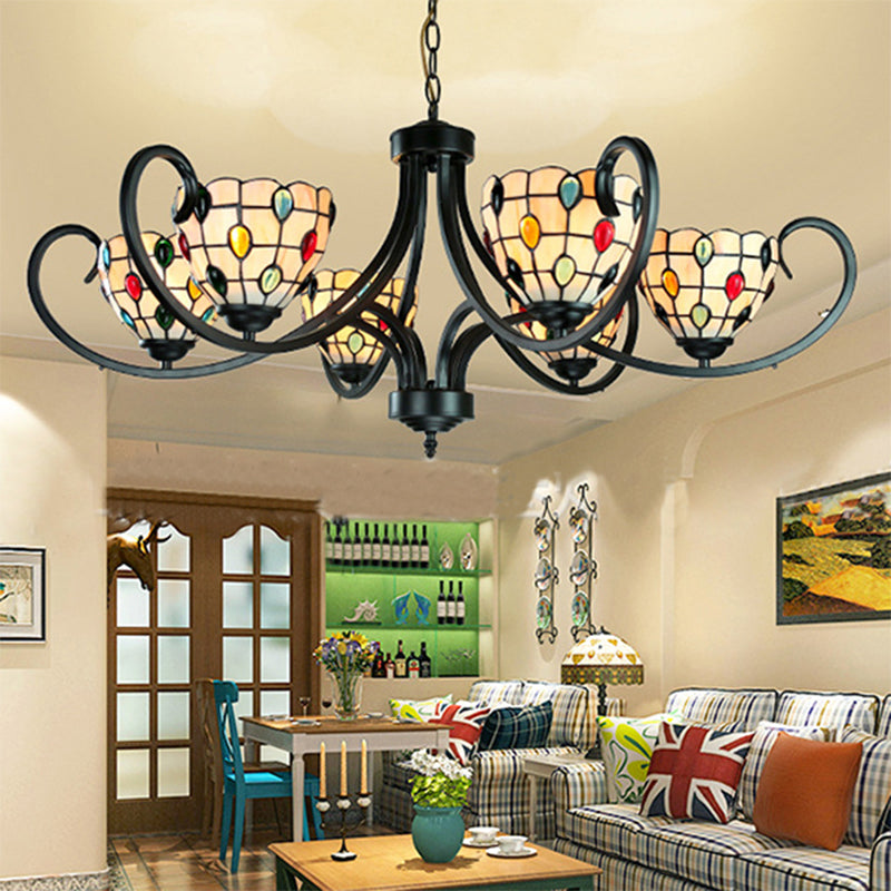 Stunning Tiffany Stained Glass Chandelier with Beaded Design - 5/6/8 Lights - Beige - Perfect for Indoor Living Rooms