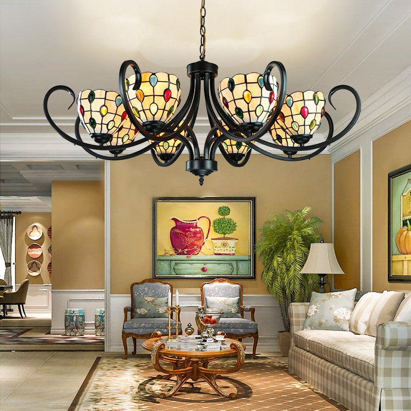 Stunning Tiffany Stained Glass Chandelier with Beaded Design - 5/6/8 Lights - Beige - Perfect for Indoor Living Rooms