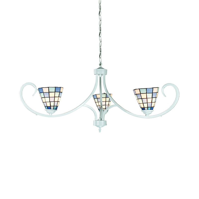 Traditional Blue Stained Glass Chandelier - Cone Pendant Lighting With Adjustable Chain (3 Lights)