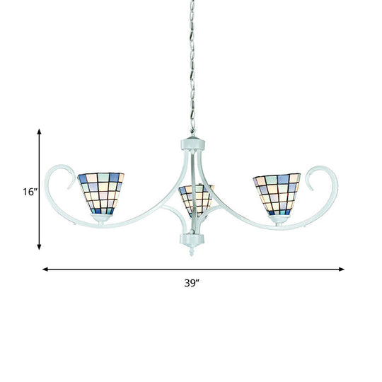 Adjustable Chain Cone Pendant Lighting - Traditional 3-Light Stained Glass Chandelier in Blue