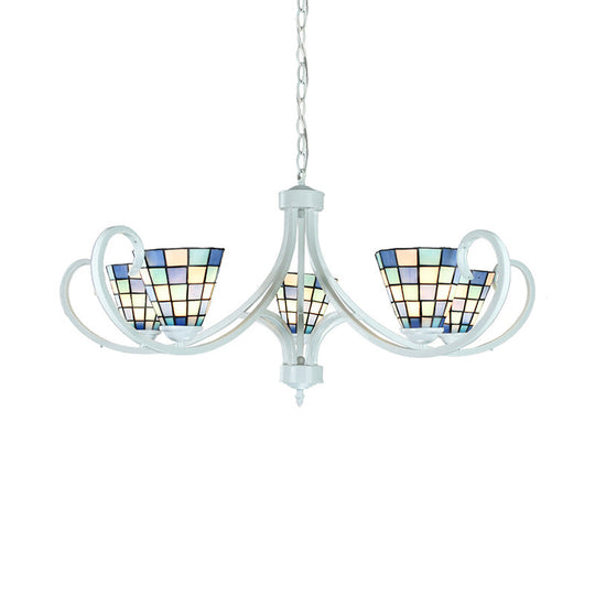 Stained Glass Tiffany Indoor Pendant Light: Cone Ceiling Chandelier With 5/6/8 Lights & Curved Arm