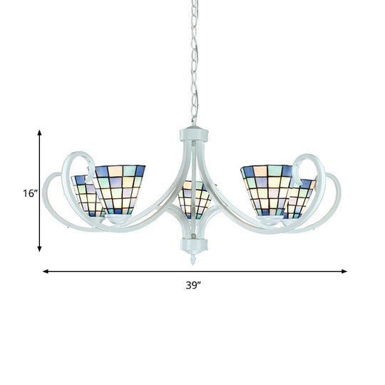 Stained Glass Tiffany Indoor Pendant Light: Cone Ceiling Chandelier With 5/6/8 Lights & Curved Arm