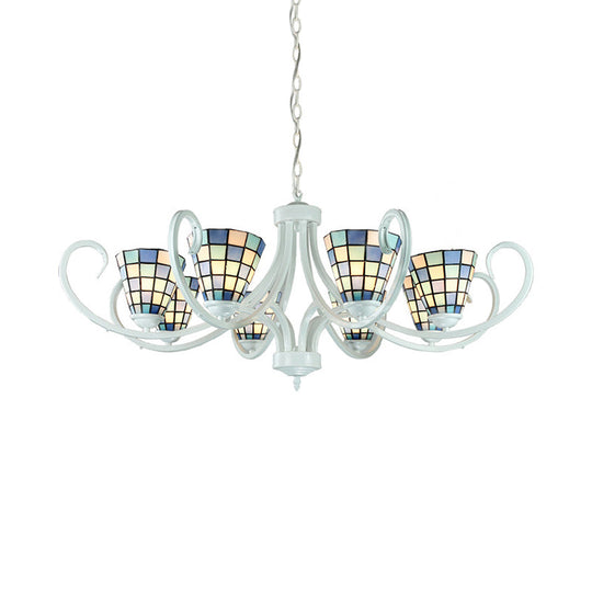 Stained Glass Tiffany Indoor Pendant Light: Cone Ceiling Chandelier With 5/6/8 Lights & Curved Arm