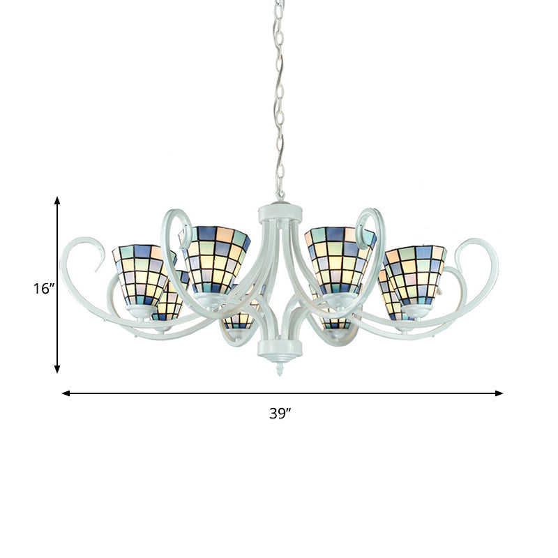 Stained Glass Tiffany Indoor Pendant Light: Cone Ceiling Chandelier With 5/6/8 Lights & Curved Arm