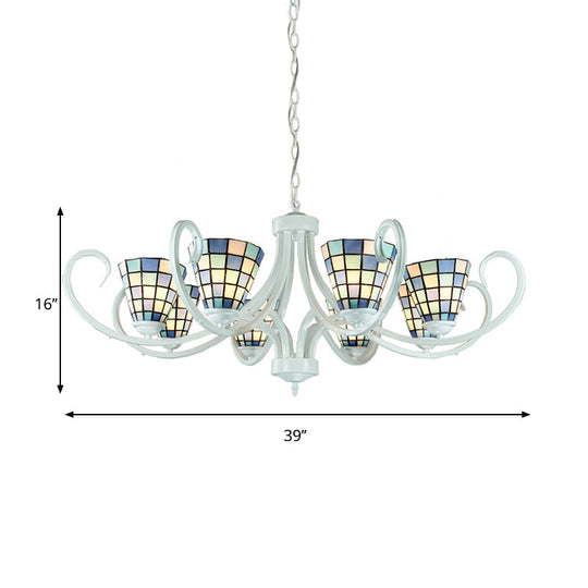 Stained Glass Tiffany Indoor Pendant Light: Cone Ceiling Chandelier With 5/6/8 Lights & Curved Arm