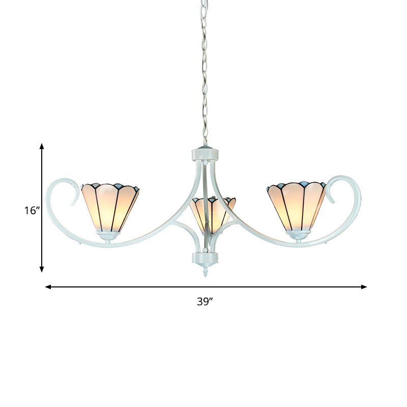 Tiffany Style Conical Chandelier with Curved Arm and White Glass - 3-Light Ceiling Fixture