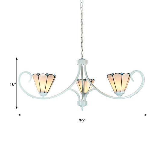 White Tiffany Glass Conical Chandelier - Curved Arm 3 Lights Hanging Ceiling Light