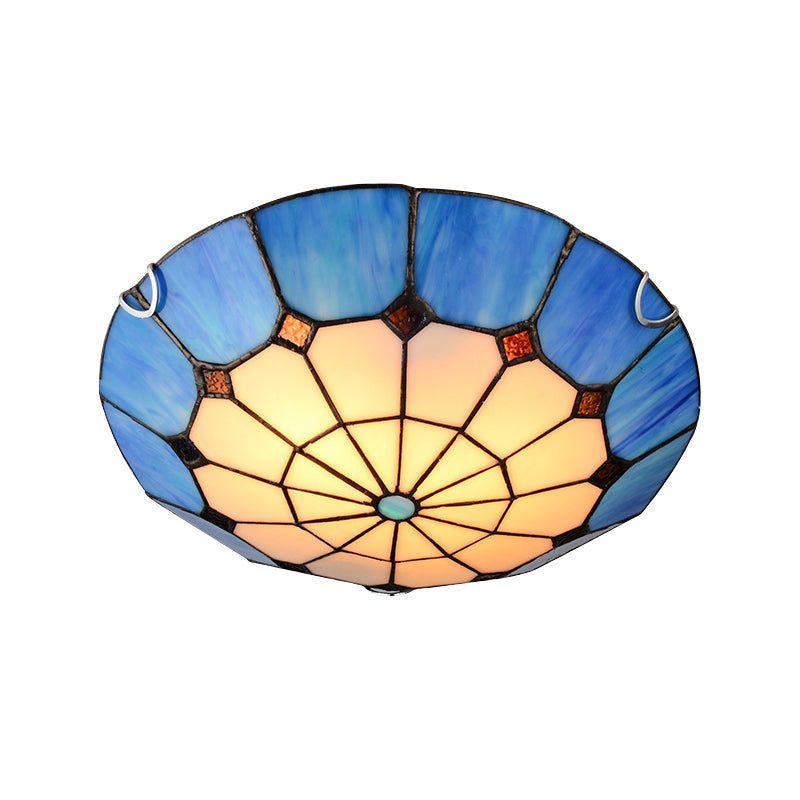 Tiffany Antique Art Glass Grid Bowl Ceiling Lamp In Blue/Orange/Yellow - 12/16 Width Bedroom Mount