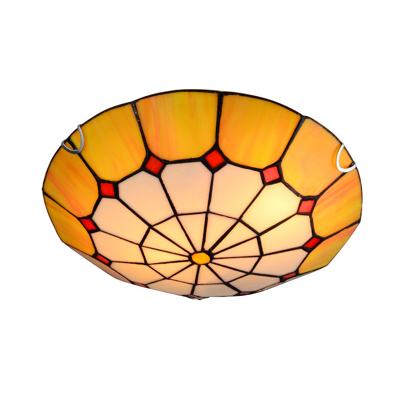 Tiffany Antique Art Glass Grid Bowl Ceiling Lamp in Blue/Orange/Yellow - 12"/16" Width - Bedroom Ceiling Mount