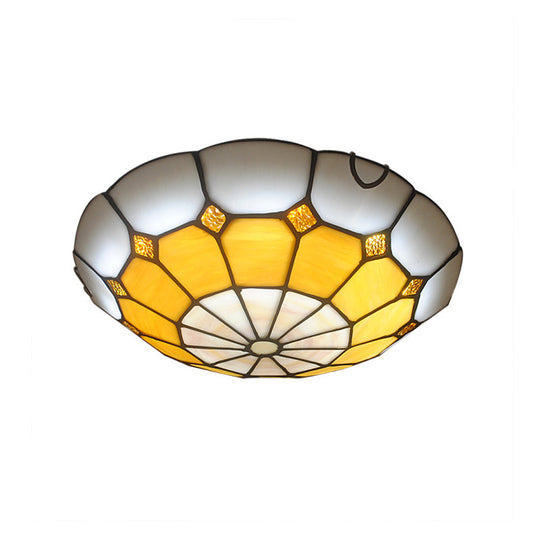 Tiffany Antique Art Glass Grid Bowl Ceiling Lamp in Blue/Orange/Yellow - 12"/16" Width - Bedroom Ceiling Mount