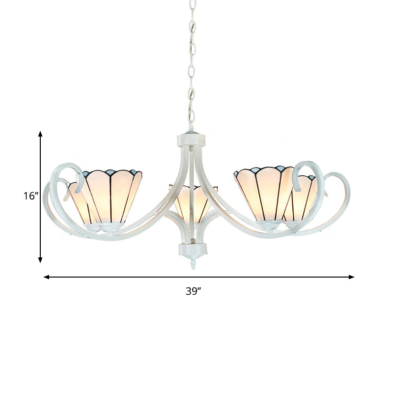 Tiffany Traditional White Glass Cone Pendant Light Chandelier - 5/6/8 Lights Ceiling Fixture For