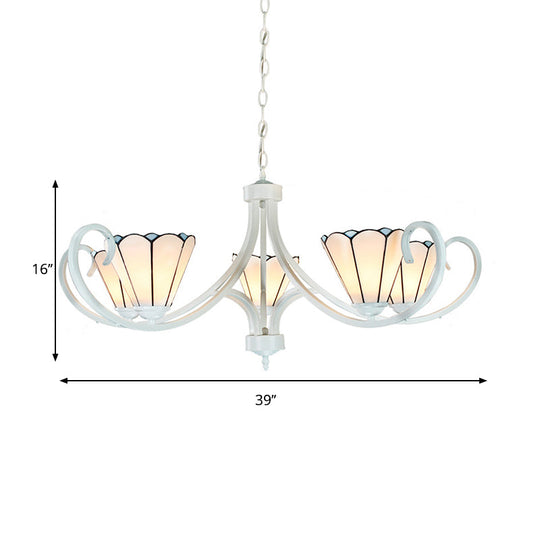 Tiffany Traditional White Glass Cone Pendant Light Chandelier - 5/6/8 Lights Ceiling Fixture For