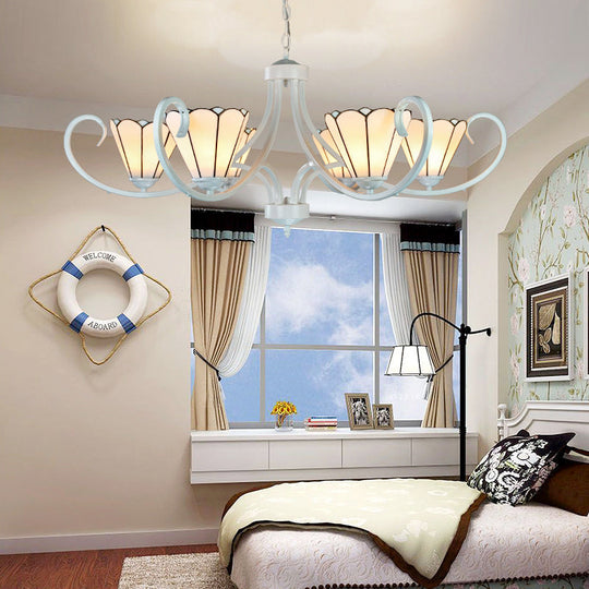 Tiffany Traditional White Glass Cone Pendant Light Chandelier - 5/6/8 Lights Ceiling Fixture For