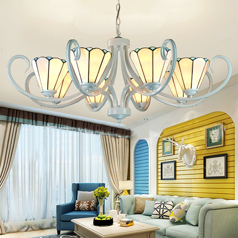 Tiffany Traditional White Glass Cone Pendant Light Chandelier - 5/6/8 Lights Ceiling Fixture For