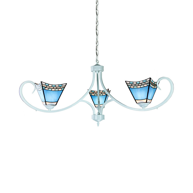 Blue Glass Nautical Pyramid Pendant With 3 Lights For Dining Room