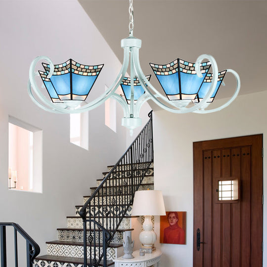 Nautical Chandelier with Blue Glass Pendants - 5/6/8 Lights in White Finish for Living Room