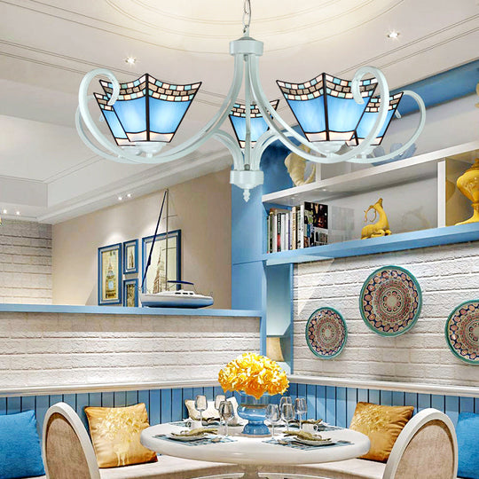 Nautical Chandelier with Blue Glass Pendants - 5/6/8 Lights in White Finish for Living Room