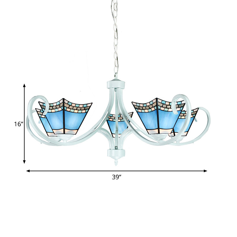 Nautical Blue Glass Pyramid Chandelier Light - 5/6/8 Lights In White Finish Perfect For Living Room