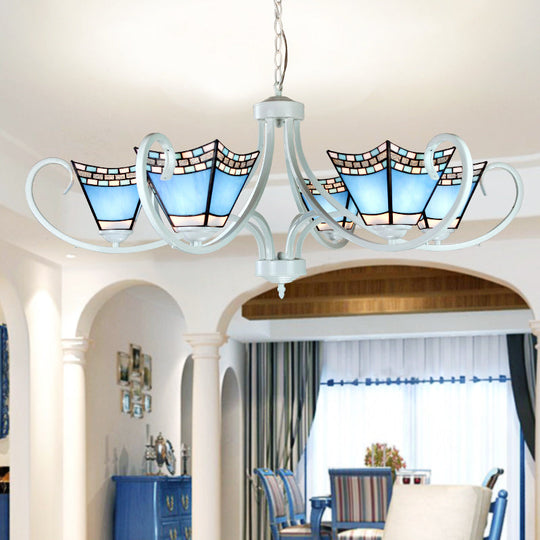 Nautical Blue Glass Pyramid Chandelier Light - 5/6/8 Lights In White Finish Perfect For Living Room