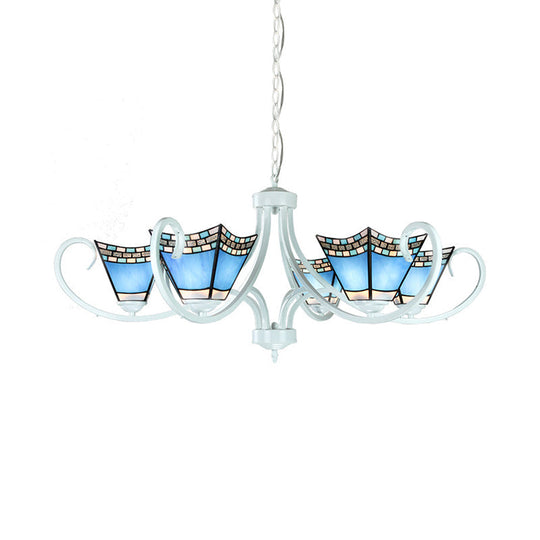 Nautical Blue Glass Pyramid Chandelier Light - 5/6/8 Lights In White Finish Perfect For Living Room