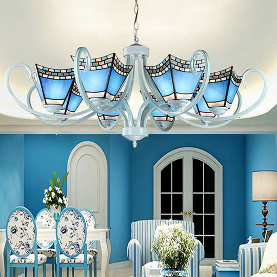 Nautical Chandelier with Blue Glass Pendants - 5/6/8 Lights in White Finish for Living Room