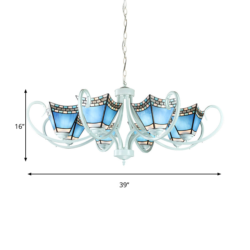 Nautical Blue Glass Pyramid Chandelier Light - 5/6/8 Lights In White Finish Perfect For Living Room