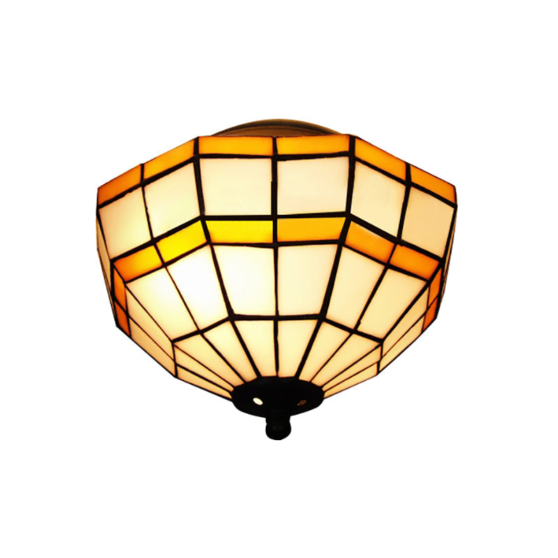 Tiffany Yellow Glass Lattice Bowl Flush Mount Ceiling Light for Study Room