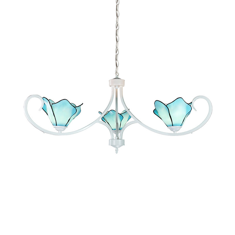 Blue Stained Glass Petal Chandelier With Metal Chain - Tiffany Rustic Pendant Light For Foyer 3