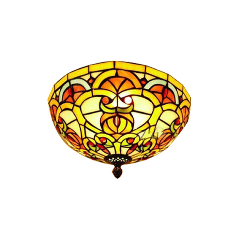 Tiffany Victorian Yellow Flush Ceiling Light Dome - Stained Glass Ceiling Mount for Hotels