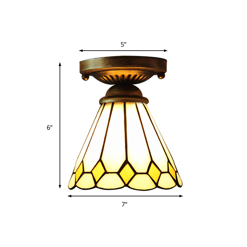 Tiffany Shuttlecock Ceiling Lamp With Rhombus/Leaf Art Glass In Bronze Finish