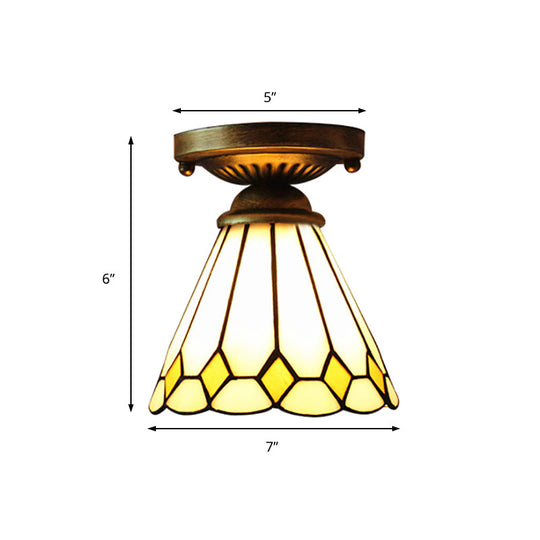 Tiffany Shuttlecock Ceiling Lamp With Rhombus/Leaf Art Glass In Bronze Finish