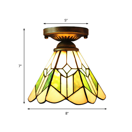 Tiffany Shuttlecock Ceiling Lamp With Rhombus/Leaf Art Glass In Bronze Finish