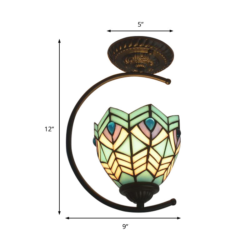 Blue Stained Glass Peacock Ceiling Mount Light - Tiffany Style Creative Lamp for Cafes