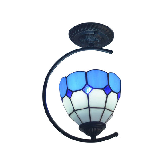 Sky Blue Tiffany Glass Semi Flushmount Ceiling Lamp - Bedroom Grid Dome Art Light