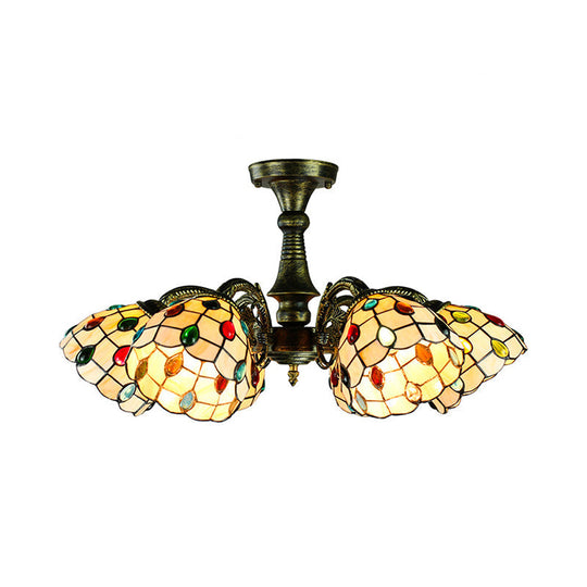 Vintage Tiffany Stained Glass Pendant Light Chandelier with Peacock Tail Design - 6 Lights, Antique Bronze